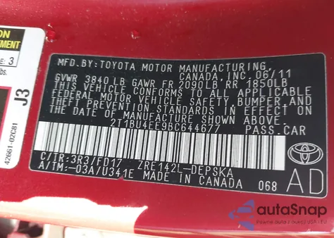 2011 Toyota Corolla S из США, поврежденный, VIN 2T1BU4EE9BC644677